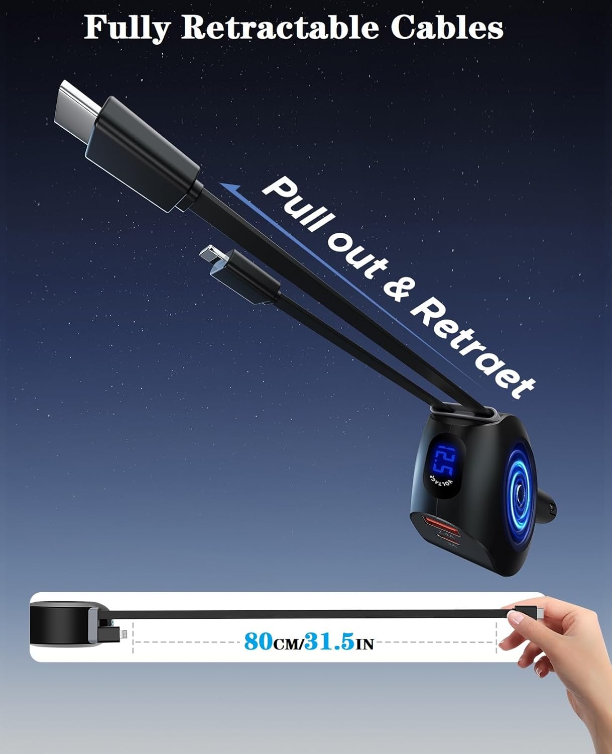 Fast Phone Car Charging Adapter, Multi USB C PD and Apple Retractable Cables Cord Compatible with iPhone